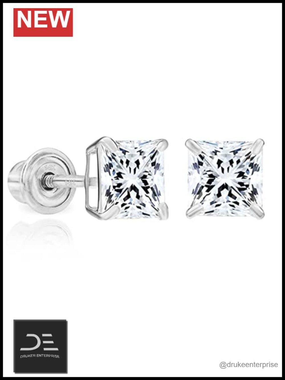 Solid 14k White Gold Princess Cut CZ Stud Earrings Screw Back